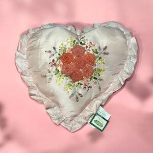 Collection Etc Accent Throw Pillow Heart Shaped- Pink Embroidered Ribbon Ruffle